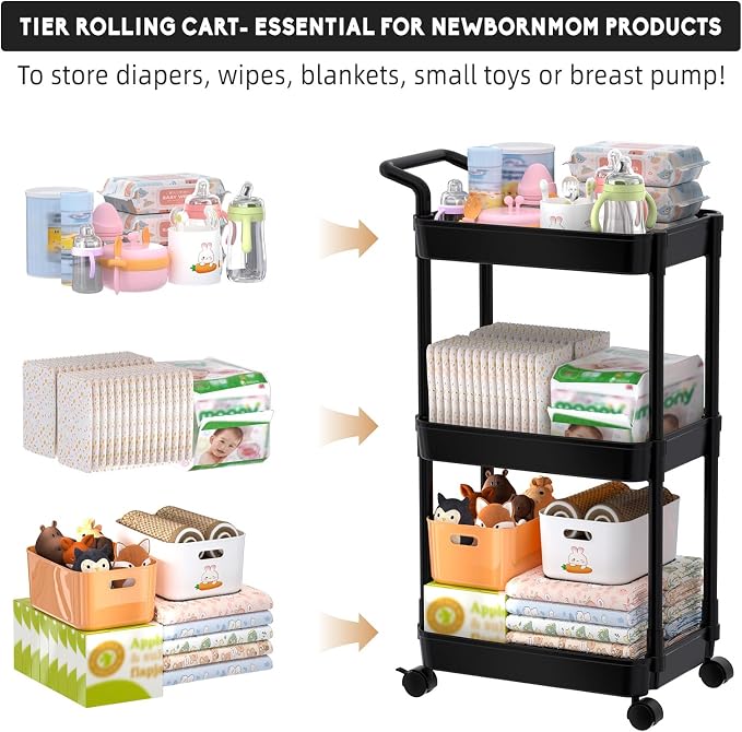 Volnamal Diaper Caddy, 3 Tier Rolling Cart for Baby Essentials, Black | Movable & Easy Assemble Cart for Newborn Nursery Essentials, Diaper Storage Organizer for Changing Table&Crib, Baby Registry