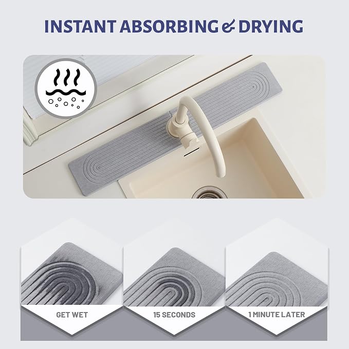 Fast Drying Stone Faucet Mat for Kitchen Sink with Raised Feet | Sink Splash Guard Water Absorbing Stone Tray for Sink, Counter Protector Matt for Kitchen & Bathroom