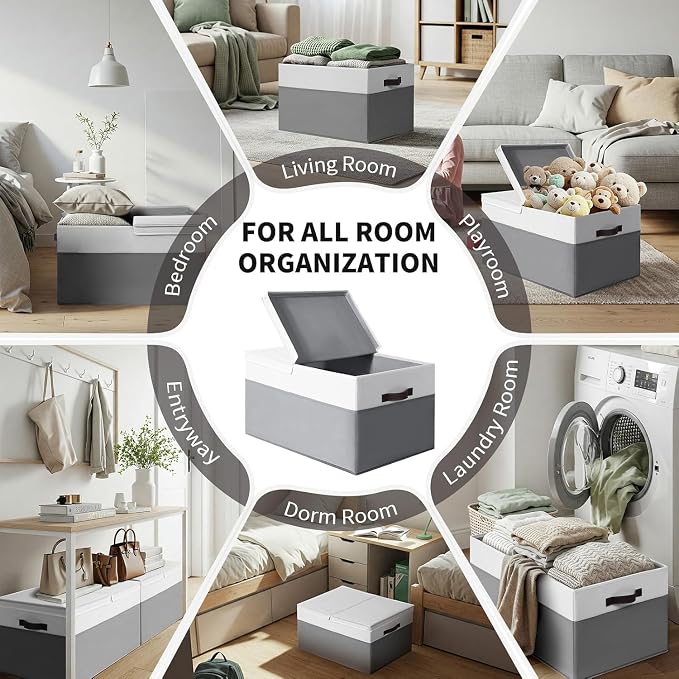 2 Pack EXTRA LARGE Blanket Storage Baskets with Lids, 22”x16”x12” Closet Organizers Bins for Clothes Towel/ Storage Box with Lid Handles/ Stackable Decorative Fabric Bins for Living Room, Nursery
