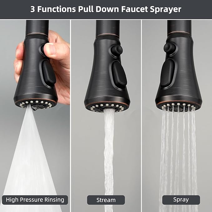 Hibbent Pull Down Spray Head for Kitchen Faucet, 3-Function Sink Nozzle | NSF/ANSI/CAN 61 & cUPC Certified Faucet Head Replacement, 15 Adapters, Compatible with Moen, Delta, Kohler, Oil-Rubbed Bronze