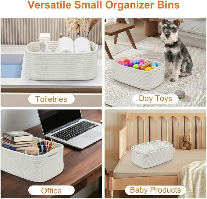 3Pack Small Woven Storage Baskets for Shelves Organizing | Cotton Rope Closet Organizer Bins, Basket for Gifts Empty, Nursery, Living room, Dog Toy Basket 13.2x8.2x5.2 in, White