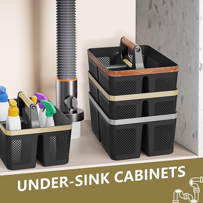 BYUNER Shower Caddy Dorm Men: Plastic Bathroom Caddy Organizer with Handle and Holes, Bath Caddy for College Dorm, Portable Shower Basket Tote for Toiletry, Travel, GYM, Camp Essentials Black/Gold