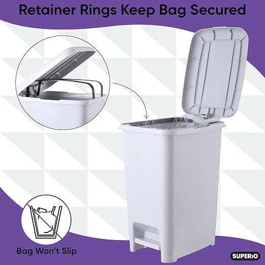 Superio Slim Trash Can with Foot Pedal – 16 Gallon Step-On Trash Can, Garbage Can, Small Trash Can for Bathroom, Kitchen, Office, Patio, or Backyard – White Smoke (2 Pack)