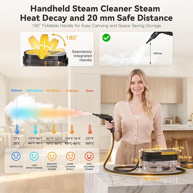 Gautye Steam Cleaner, 15s Heat Up, 1.69 Quarts Tank with 15 Accessories | 3 Level Adjustable Handle, Foldable Handle, 1700W, Portable Steam Cleaner for Home, Kitchen, Tile, Floor, Grout, Car Cleaning