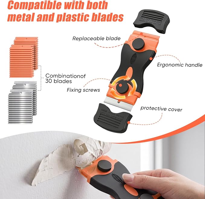 2 Pack Double-Ended Razor Blade Scraper, 30 Blades (Orange) | Multi-Purpose Tool for Glass, Cooktop, Sticker Removal, Paint & Gum Cleaning