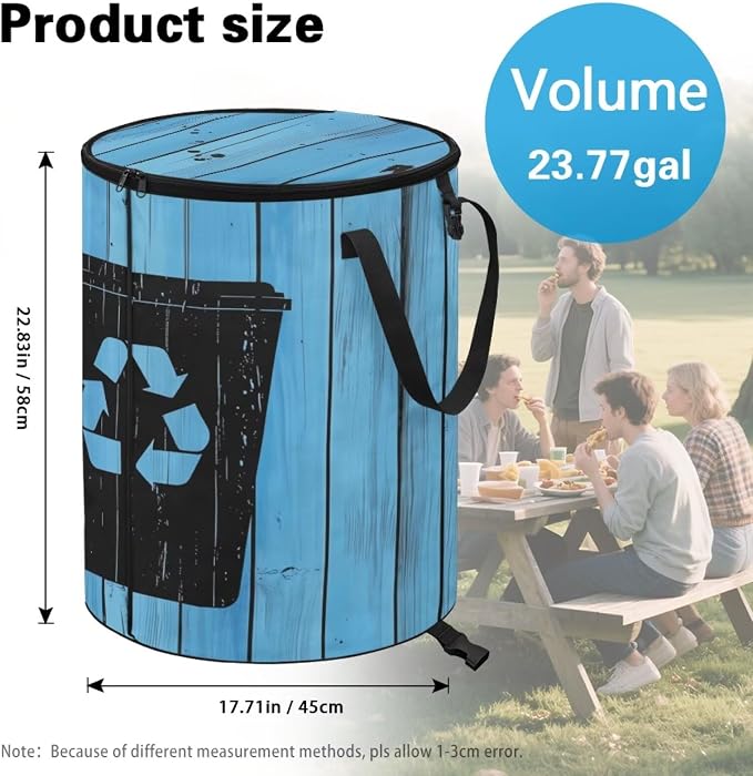 Collapsible Trash Can for Lawn and Yard Garden Leaf Bin, 24 Gallon Large Capacity Foldable Waster Bag with Lid and Handles Blue Recycle Sign Print