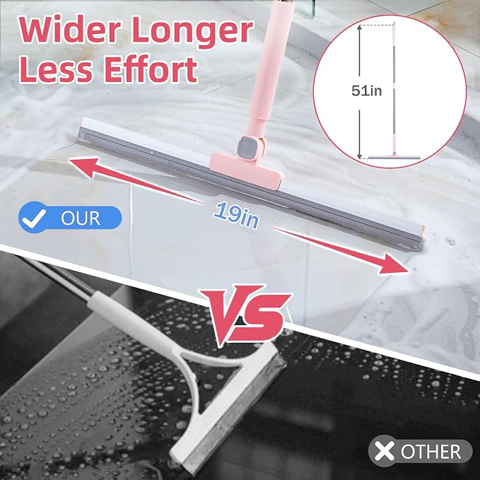 19" Floor Squeegee with Long Handle, 51" Stainless Steel Handle | 19" Rubber Blade, Heavy Duty Squeegee for Tile, Garage, Shower Glass, Marble, Windows Cleaning, Pet Hair, Water Removal