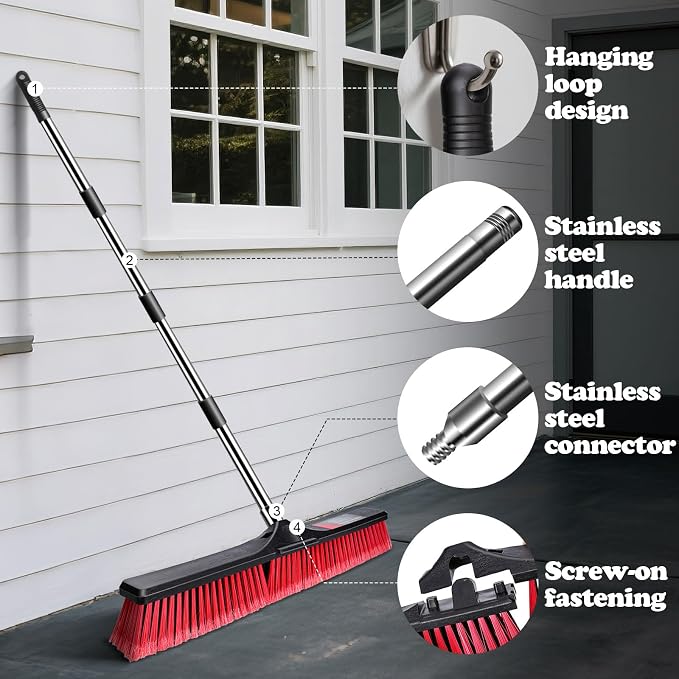24" Push Broom Outdoor, Heavy Duty Garden Brush Broom with 58" Long Handle | Commercial Outdoor Broom for Deck Driveway Garage Yard Patio Warehouse Concrete Floor Cleaning