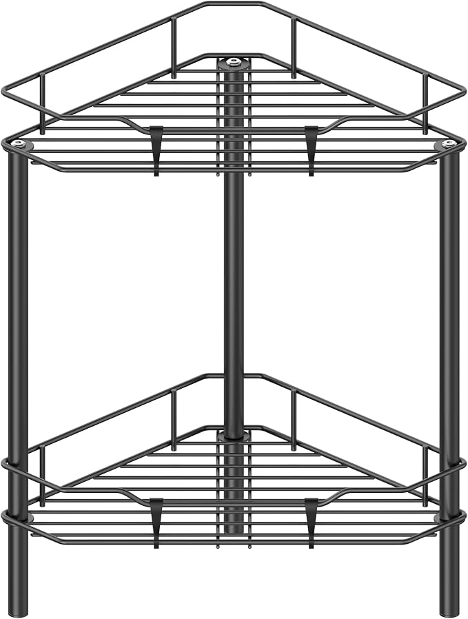 HuggieGems Metal Floor Standing Corner Shower Caddy, Black, 2 Tier | Adhesive Bathroom Organizer Shelves, Free Standing Shower Rack with Hooks, Hold Large Shampoo Bottles