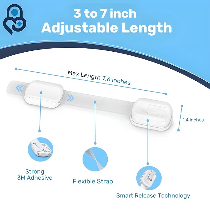 Baby Proof Me Child Safety Cabinet Locks - Baby Proofing Straps & Latches | 6 Pack Adhesive Safety Latches for Cabinets, Drawers, Fridge, Oven, Toilet & Trash Can, Strong 3M Adhesive - White