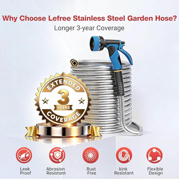 Lefree 75ft Metal Garden Hose - 304 Stainless Steel Water Hose | Flexible Heavy Duty No Kink Leak Proof with Upgraded Handle & Spray Nozzle for Yard Garden Pet Bath Outdoor Cleaning