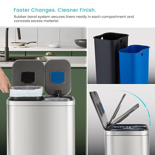 Home Zone Living 13 Gallon Kitchen Trash Can with Dual Compartments | Stainless Steel with Soft-Close Step Pedal Lids for Recycling and Bag Storage Drawer, Rectangular Design, Silver