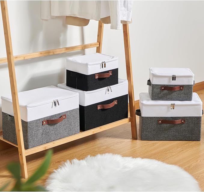Storage Bins with Zipper Lids Decorative Lidded Baskets Boxes | Clothes Container, Closet Shelf Organizer, Foldable Washable, Cotton Linen Fabric, w/ PU Leather Handles, Black White, Large