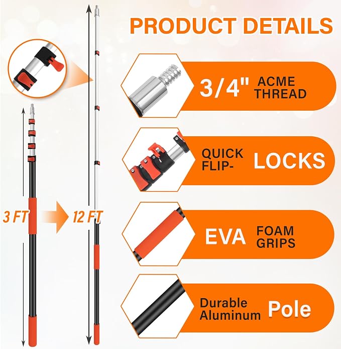26FT High Reach Duster with Extension Pole 5-20FT, 4-in-1 Cleaning Kit | with Universal Swivel Joint | High Ceiling Fan Cleaner, Cobweb Duster & Window Squeegee for Safe High-Reach Cleaning