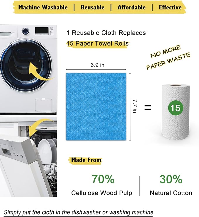 MoLKENE Swedish Dishcloths for Kitchen, 6 Pack Cellulose Sponge Cloths | Non-Scratch Reusable Paper Towels Washable, Absorbent Quick-Drying Cleaning Cloths Dish Rags, 7.7” x 6.9”, Assorted Colors