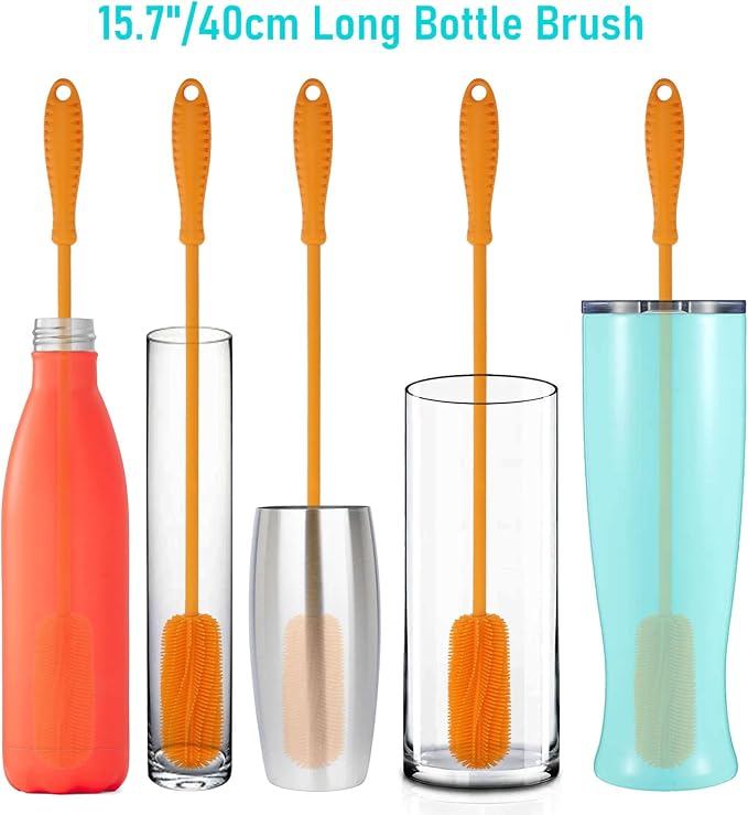 Silicone Bottle Brush, 15.7" Water Bottle Cleaner Brush, Orange | Water Bottle Cleaner for Baby Bottles, Hydro Flask, Sports Bottle, Vase, Glassware, for Smaller Diameter Bottle Openings