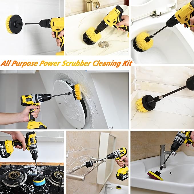 45 Piece Drill Brush Attachment Set, All Purpose Power Clean Scrubber Brush, Scrub Pads & Sponge with Extend Long Attachment for Bathroom, Kitchen,Grout,Tub,Tile,Corners, Auto