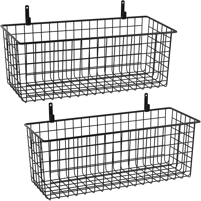 2 Sets Black Extra Large Hanging Wall Basket with Steel Hooks | Metal Wire Baskets for Organizing, Wallmounted Fruit Vegetable Toy Snack Storage, Home Kitchen Bathroom Laundry Pantry