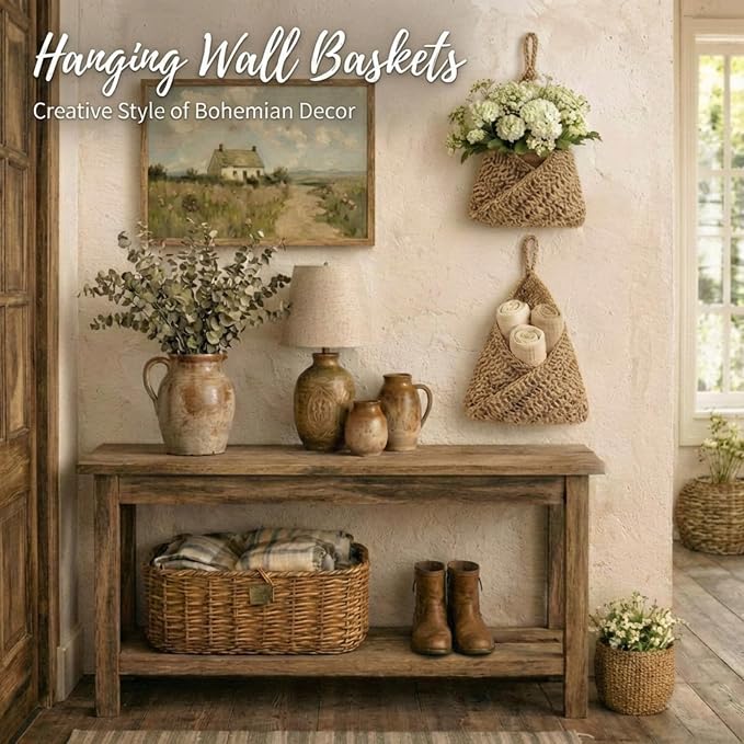 3 Hanging Baskets,Linen,Triangle,Jute | Wicker Wall Baskets with Hooks for Fruit Vegetable Onion Storage, Teardrop Organizer for Kitchen, Boho Farmhouse Decor