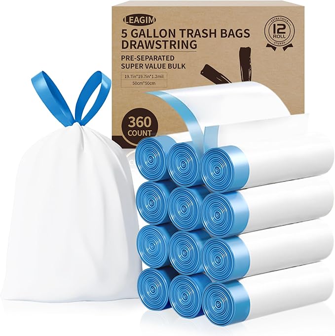 5 Gallon Trash Bags, 360 Count -1.2 Mil Drawstring Small Garbage Bags, White Plastic Trash Can Liners for Bathroom Accessories, 18 Liter, Bedroom, Dorm Room Essentials, Office