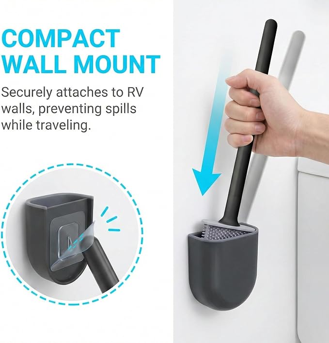 RV Silicone Toilet Brush with Holder, Drill-Free Wall Mounted Toilet Bowl Cleaner, Anti-Drip Anti-Roll Compact Brush for RV Camper & Small Bathroom (Black)
