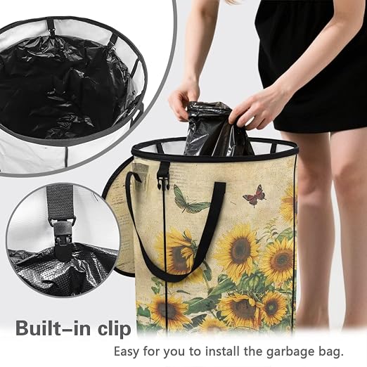 Sunflower Outdoor Trashcan Collapsible Pop up Trash Can with Handles and Lid Flodable Easy to Store Car Camping Supplies 24 Gallon Reusable Container for Yard Garden Waste