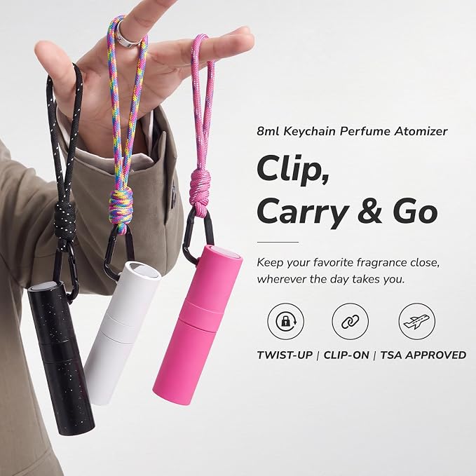Lulupack Perfume Travel Refillable, 8ml Keychain Cologne Spray Bottle, 2PCS | Small fragrance atomizer sprayer, twist-up, leak-proof, tiny size, TSA, portable decant container, for men women, rose & blue