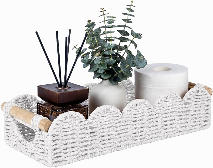 CubesLand Bathroom Basket Organizer, Toilet Tank Basket W/Cut Out Handle | Wicker Toilet Paper Storage Basket Tray, Scalloped Basket for Bathroom Countertop Decorative Also for Home Decor, White