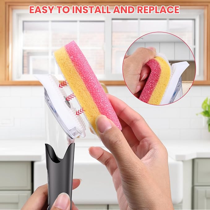 RIMAY Soap Dispensing Dish Brush Set with 10 Sponge Refills and Holder | Dish Brush with Soap Dispenser Kitchen Dishwashing Dish Wand Handle for Dishes, Pans, Pots, Sink