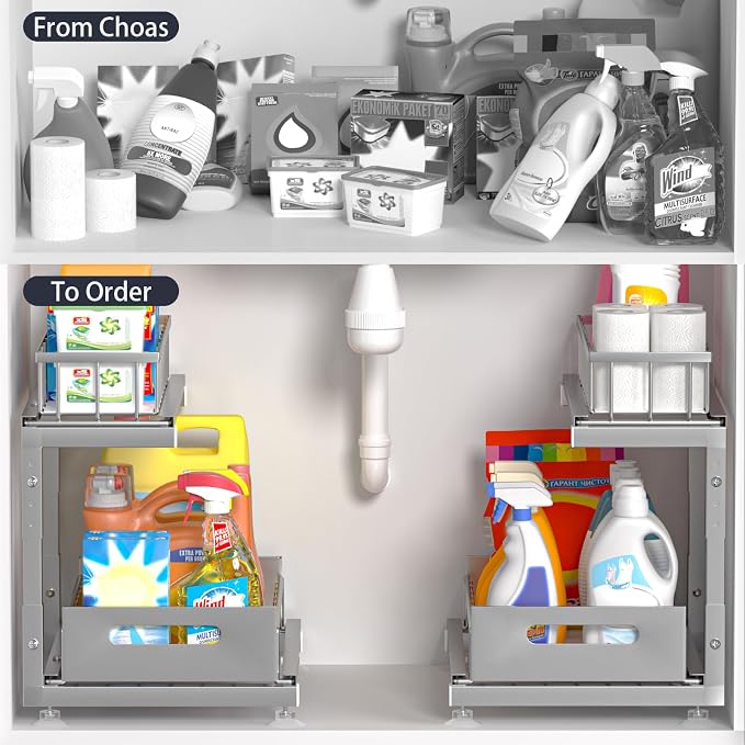 Saydear 2-Pack L-Shaped Under Sink Organizer, 2-Tier Pull-out Cabinet Rack | Grey Height-Adjustable Metal Rack, Sliding Grid Drawers with Safety Stopper, Holds 100 Lbs, Ideal Kitchen Cabinet Storage