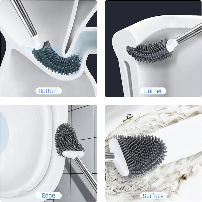 Silicone Toilet Brush, Ventilation Slots Base Holder 1 Pack, White | Flexible Bristles Flat Head for Rim, Hair Tangle-Free, Easy to Clean, Compact Design, Rustproof Handle, for Toilet/Sink/Tub