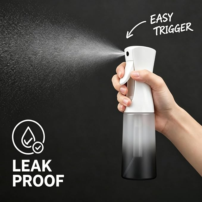 Continuous Fine Mist Spray Bottle, 200ml/6.8oz Gradient Refillable Leakproof Sprayer for Hair Curls Styling, Salon Barber, Skin Care, Pets, Plants & Household Cleaning (Black)