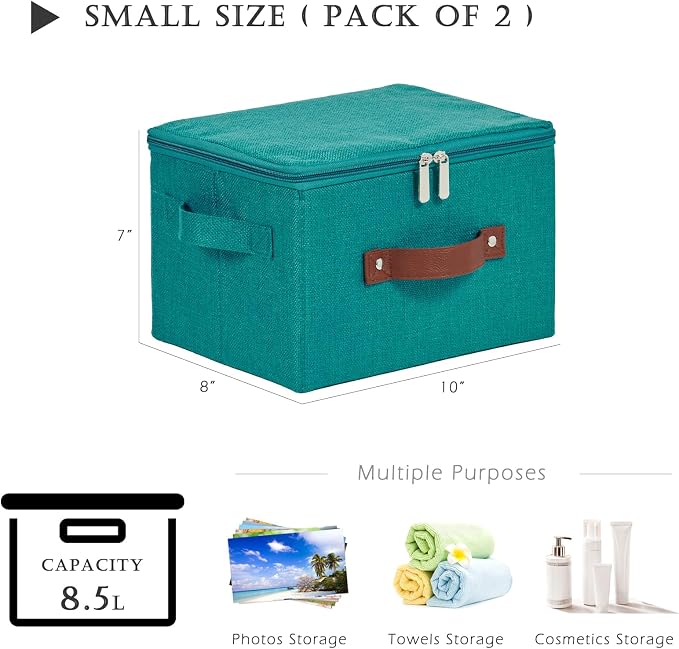 2PCS Storage Bins with Zipper Lids Decorative Lidded Basket Box | Clothes Container, Closet Shelf Organizer, Foldable Washable, Cotton Linen Fabric, w/ PU Leather Handles, Teal Blue, Small