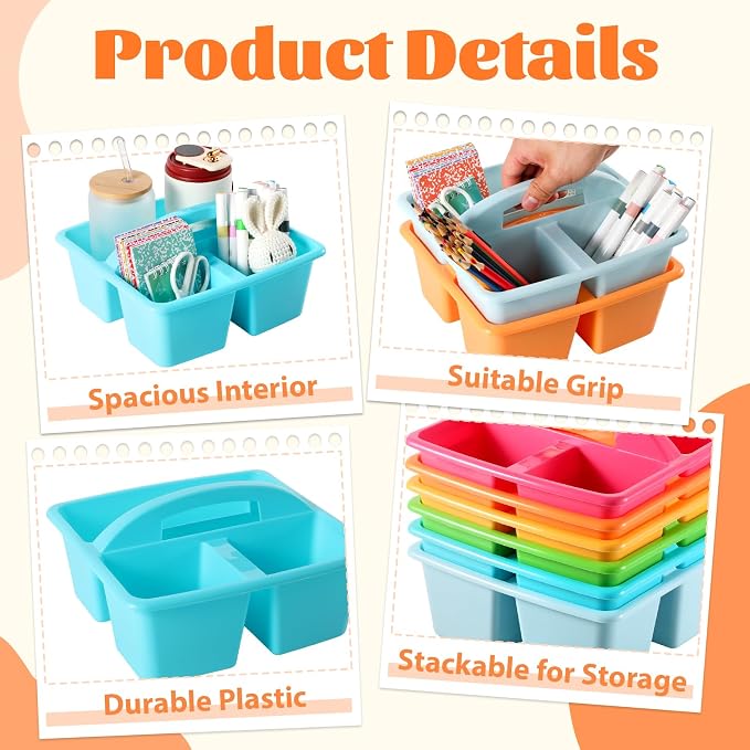 6 Pack Plastic Classroom Organizer Caddy with Handle, Multicolored | 3 Compartment, Portable Supply Storage Caddy, Craft Art Caddies for Pencil, Crayon, Marker, Home, Office, School Supplies