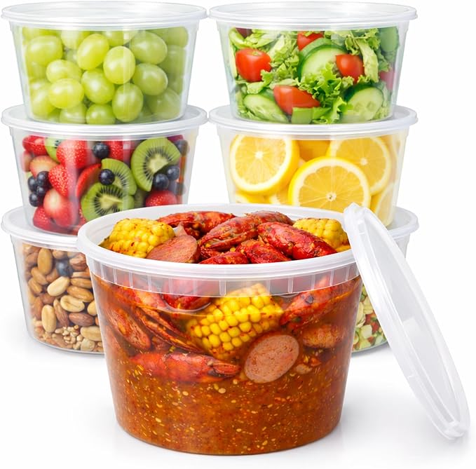 64 oz [6-Pack] BPA Free Microwavable Plastic Deli Containers with Lids | Leak-resistant, stackable and freezer-safe design keeps soups, leftovers and large portions fresh