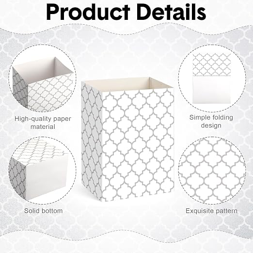 Domensi 4 Pcs 13 Gallon Disposable Trash Cans for Parties Gray White Grid | Foldable Cardboard Trash Cans, 15.75 x 11.81 x 9.84, Collapsible Garbage & Recycling Bins for Wedding, Events