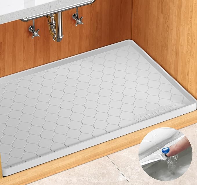 Winisok Waterproof Under Sink Mat 34" x 22", Silicone Mat, White | Raised Edge Traps Spills & Leaks, Shelf Liner, Cabinet Protector, for Kitchen, Bathroom, Boots, Pets, Home Essentials