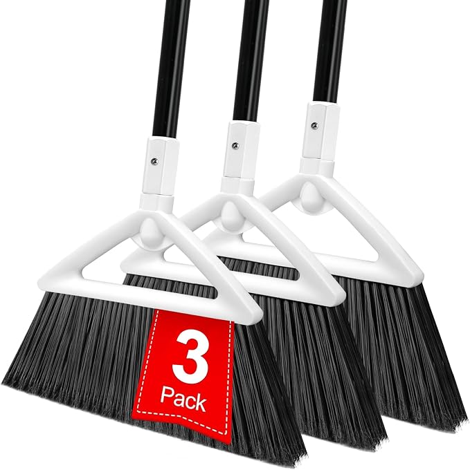 Heavy Duty White Angle Broom with Long Handle - 3 Pack | Versatile Indoor/Outdoor Sweeping, for Courtyard/Garage/Sidewalk/Kitchen/Lobby/Canteen, Durable & Efficient