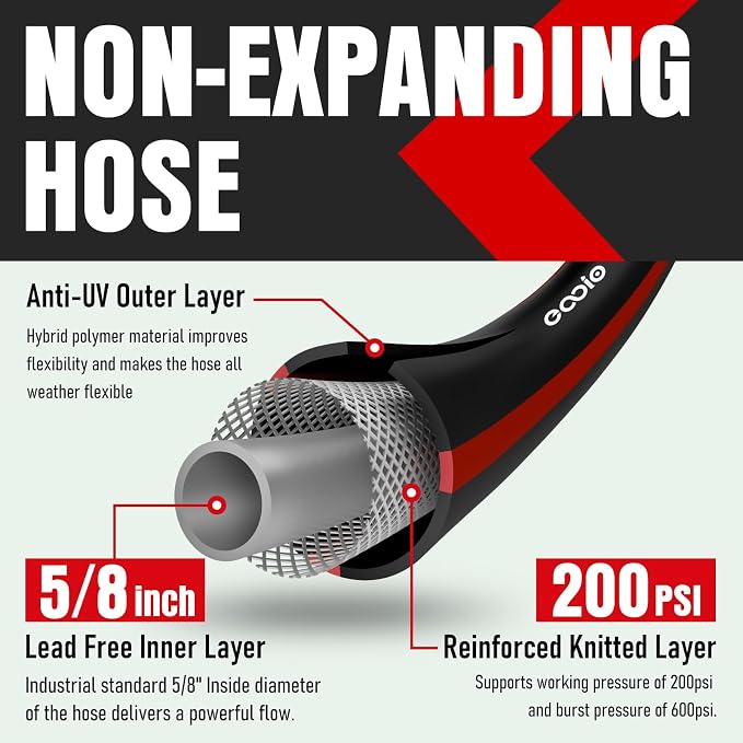 eavy Duty Garden Hose 25ft, NON-EXPANDABLE Flexible Water Hose, Kink Resistant Lightweight Hybrid Hose, Leakproof Hose Male to Female Fittings