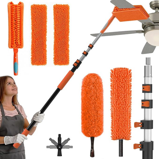 SISIUPASSIE 26FT Reach Ceiling Fan Cleaner Duster, Ceiling Fan Blade Cleaner with Extension Pole, Washable & Replaceable Microfiber Feather Duster Kits