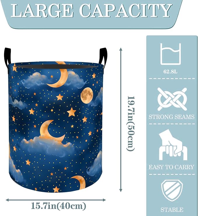 Moon and Star Night Sky Laundry Basket, Dirty Collapsible Clothes Toy Organizer Hamper for Kids Adults, Oxford Cloth Waterproof Storage Bin for Bedroom Bathroom Home Decor Gifts, 19.7"X15.7"