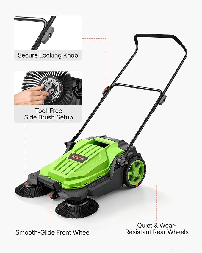 VEVOR Walk-Behind Hand Push Floor Sweeper, Manual Floor Sweeper Non-Electric with 25.6" Sweeping Width, 5 Gallons Waste Container & Adjustable Folding Handle for Yards Walkways Patios Garages - Green