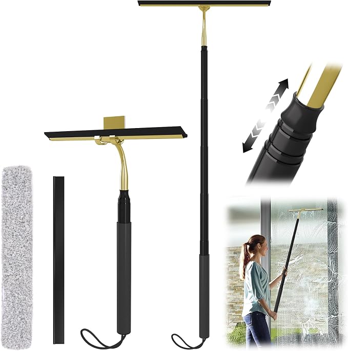 Shower Squeegee for Glass Doors with Long Handle, 15-51" Telescopic Shower Squeegee, Extendable Bathroom Squeegee for Shower Glass, Tile Walls, Mirrors & Windows, 13.7" Silicone Blade