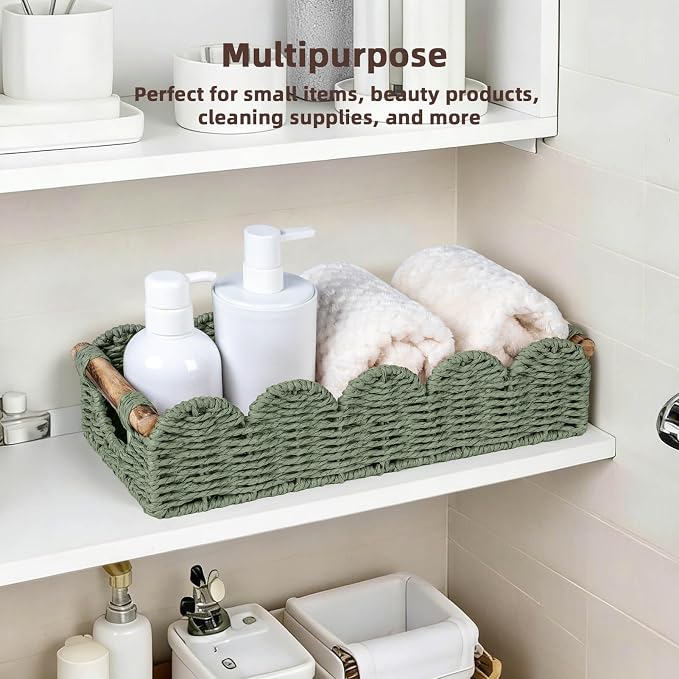 CubesLand Bathroom Basket Organizer, Toilet Decor Basket W/Cut Out Handle | Wicker Toilet Paper Storage Basket Tray, Scalloped Basket for Bathroom Countertop Decorative Also for Home Decor, Green