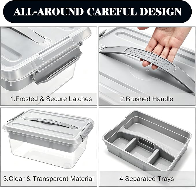 Yesland Portable Craft Storage Box with Removable Tray and Handle, 16x11x6.5 Inch Plastic Art Supply Organizer Container for Stationery, Sewing, Jewelry - Grey