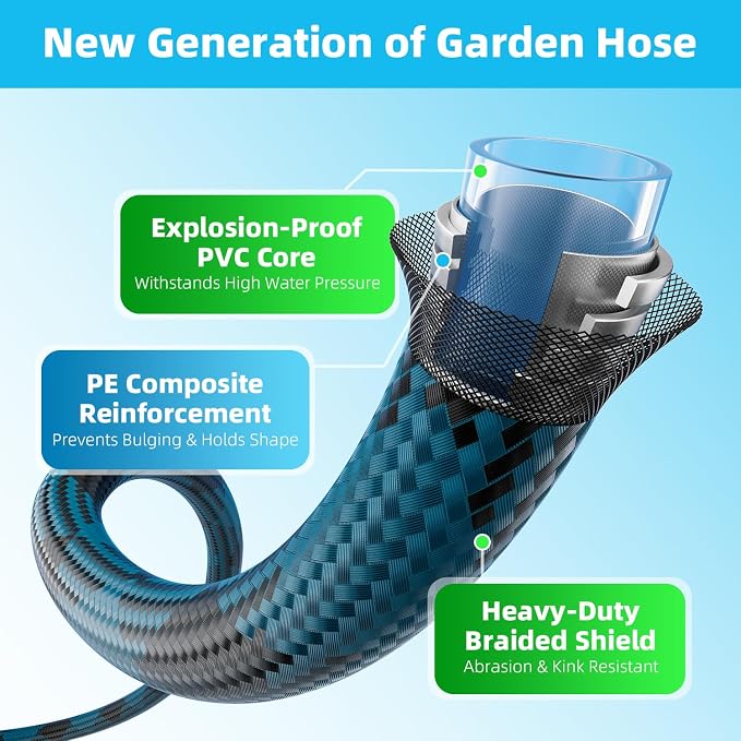 Garden Hose, Non-Expandable Water Hose 125 ft, Flexible Water Pipe with 10-Function Spray Nozzle, Lightweight Outdoor Hose for Yard, Lawn, Car Wash, RV and Home Use