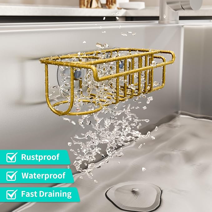 HapiRm Sponge Holder for Kitchen Sink, No Drill Kitchen Sink Caddy Organizer, Rustproof Dish Sponge Holder- Gold(8.73 * 3.54 * 2.36in)