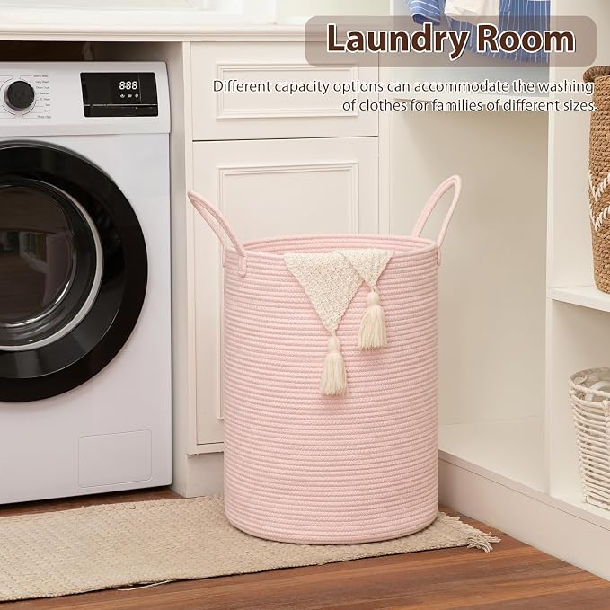 OIAHOMY 100L Nursery Hamper Laundry Basket Laundry Hamper Pink | collapsible Blanket Basket Cotton Rope Woven Basket Dirty Clothes Hamper Baby Hamper Tall Clothes Hamper with Handles
