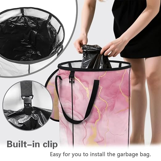 BIGCARJOB Collapsible Trash Can Pop Up Camper Trash Can with Lid, 22.83x17.71, Water Proof Bag Outdoor Garbage Bin Storage Accessories, Purple Marble Print