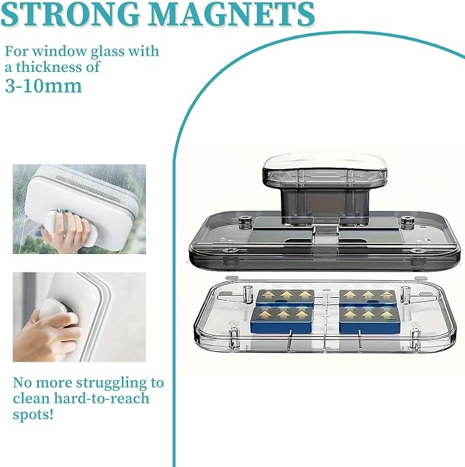 Windshield Wow Magnetic Car Window Cleaner, Strong Magnet Window Cleaner Tool with Anti-Fall Rope, Double Sided Window Cleaner for Thickness 3-10mm, Magnetic Glass Cleaner for High-Rises, Home, Car